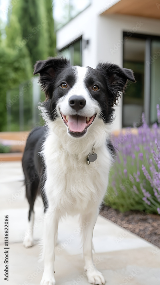 Border Collie in a lavender garden with a modern home backdrop. Border Collie in a lavender garden with a modern home backdrop.