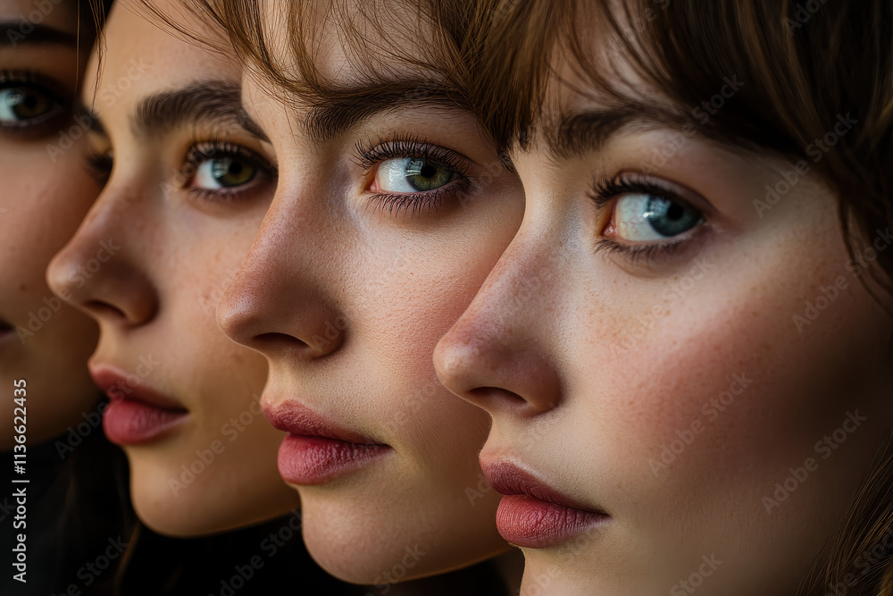 Close-up of four young women showcasing diverse facial features and expressions. Close-up of four young women showcasing diverse facial features and expressions.