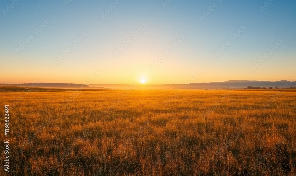 Golden sunrise illuminating a grassy meadow with distant hills and a serene rural landscape Golden sunrise illuminating a grassy meadow with distant hills and a serene rural landscape
