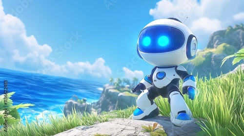Little Astro Bot Exploring a Vibrant Coastal Landscape Under a Bright Blue Sky and Soft Clouds