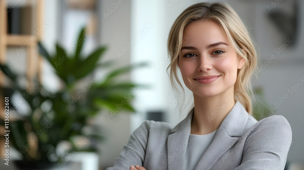 Confident businesswoman smiling with crossed arms, exuding professionalism and success in a contemporary office setting Confident businesswoman smiling with crossed arms, exuding professionalism and success in a contemporary office setting