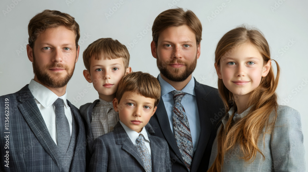 Two businessmen and three children, including a girl and two boys, dressed in formal suits for a professional family portrait Two businessmen and three children, including a girl and two boys, dressed in formal suits for a professional family portrait