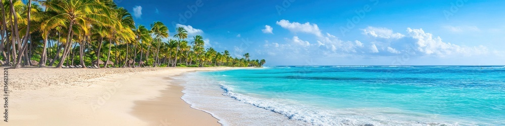 Panoramic view of a tropical beach with turquoise water, white sand, and palm trees under a bright blue sky Panoramic view of a tropical beach with turquoise water, white sand, and palm trees under a bright blue sky