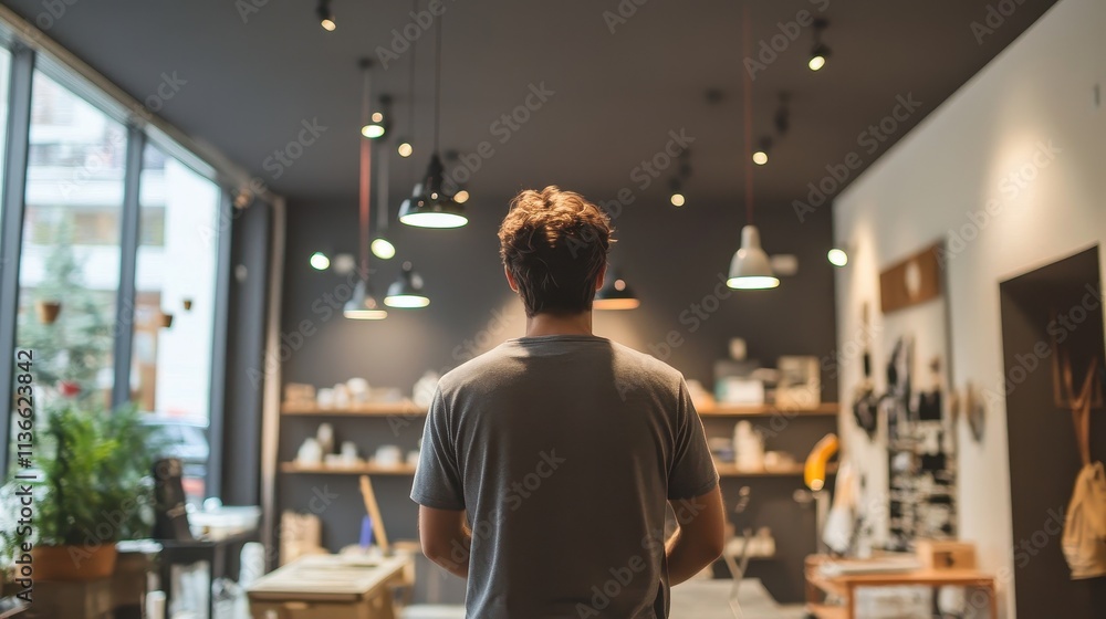Man Standing in Cozy Cafe with Hanging Lights Man Standing in Cozy Cafe with Hanging Lights