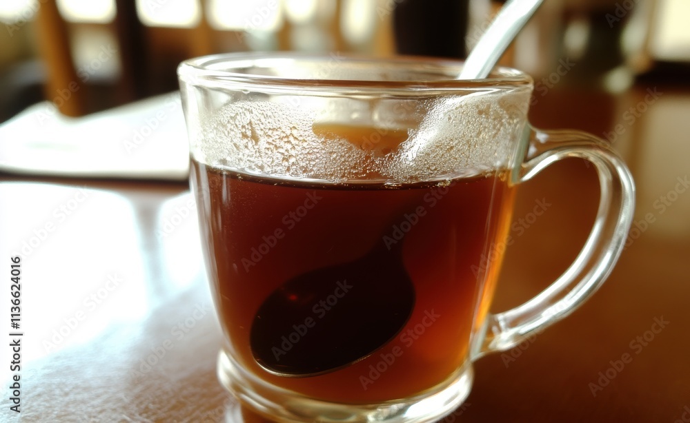 A glass mug of hot tea on the table, a spoon in it A glass mug of hot tea on the table, a spoon in it