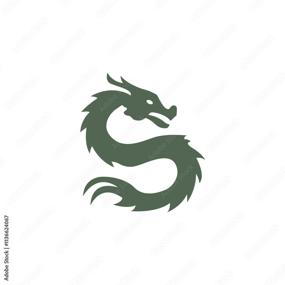 Green dragon logo. Simple mythical dragon icon. Fantasy dragon silhouette icon from the side. Stylish leviathan in Chinese style. Vector illustration. Green dragon logo. Simple mythical dragon icon. Fantasy dragon silhouette icon from the side. Stylish leviathan in Chinese style. Vector illustration.