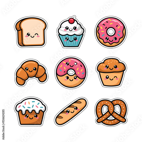 Cute cartoon food icons including a slice of bread, cupcake, donut, croissant, muffin, and pretzel.