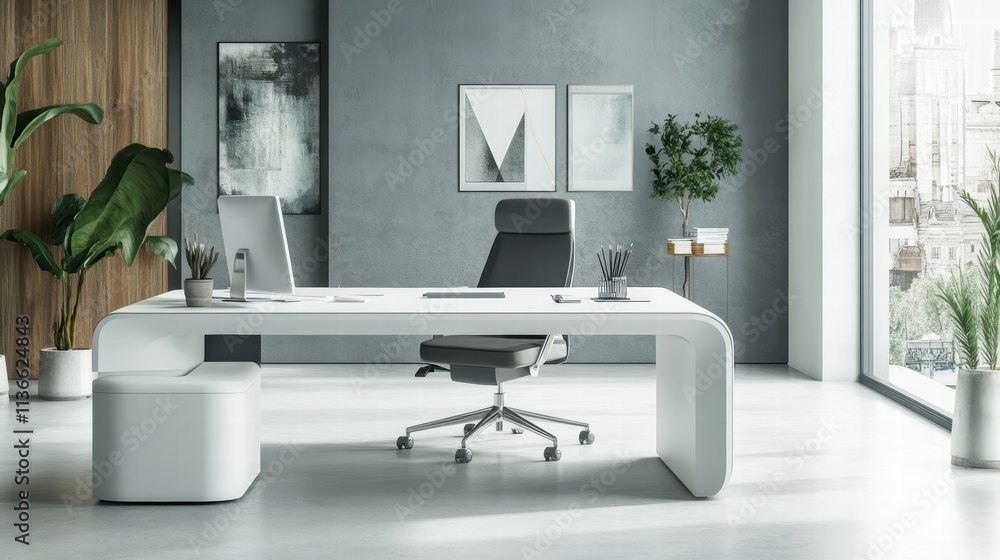 Fototapeta premium modern white office desk with ergonomic chair and plants