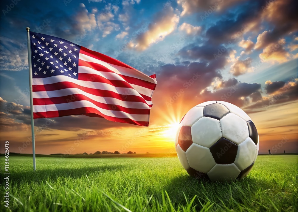 Naklejka premium Soccer Ball on Field with Waving American Flag in Background - Capturing the Spirit of Sport and Patriotism in a Vibrant Scene