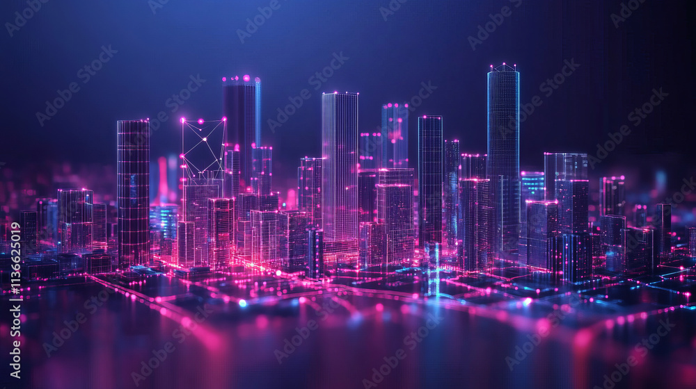 Fototapeta premium Futuristic city skyline with glowing lights and interconnected structures