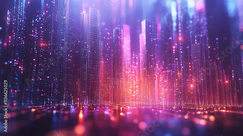 Futuristic cityscape with glowing lights and vibrant colors, creating dynamic atmosphere