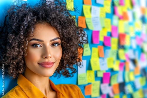A group of diverse people in a creative workshop, collaborating and sharing ideas with sticky notes on a wall. Generative AI