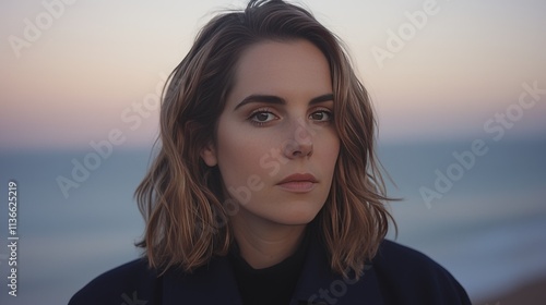 Woman at Ocean Sunset Portrait Beach Photography Serene Environment Close-up View Reflection and Connection