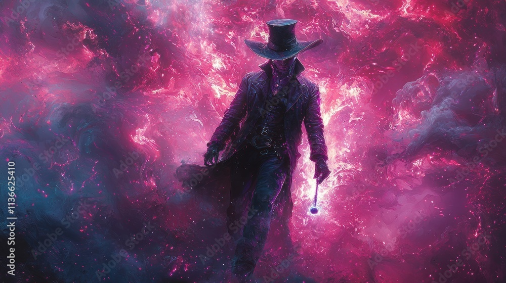 Fototapeta premium A mysterious figure in a top hat walks through a vibrant cosmic landscape.