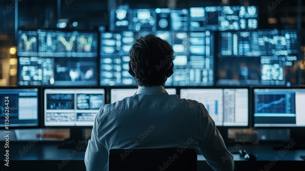 Trader Analyzing Financial Data on Multiple Screens in a Dimly Lit Trading Room Trader Analyzing Financial Data on Multiple Screens in a Dimly Lit Trading Room