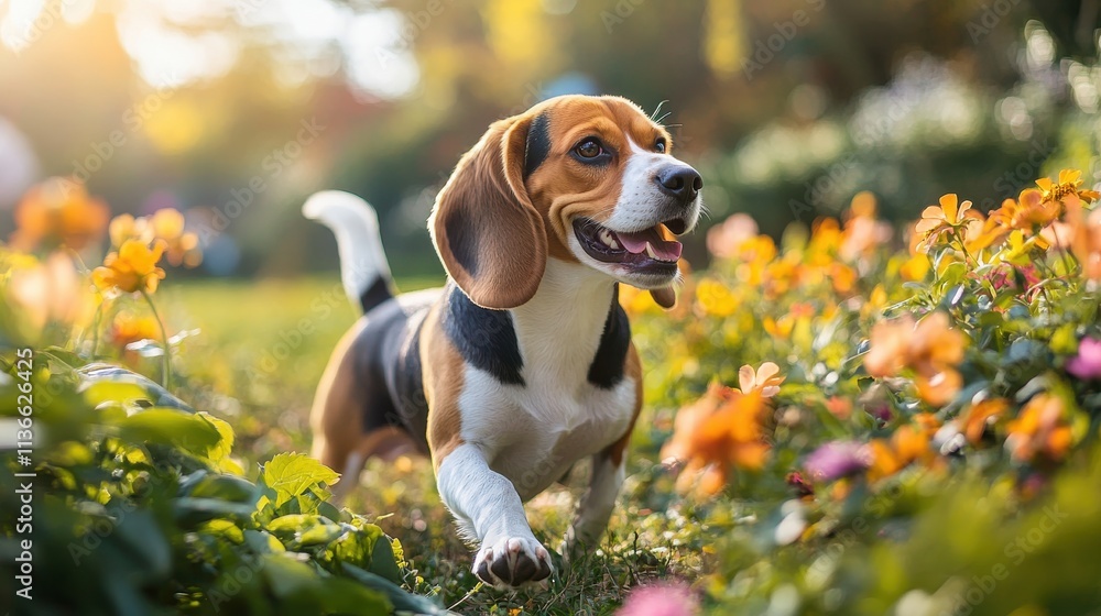 Beagle playing in sunny park surrounded by flowers and greenery Beagle playing in sunny park surrounded by flowers and greenery