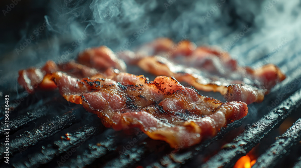 Cooking Bacon is Genius, Sizzling bacon strips on a grill, emitting smoke, showcasing a delicious and enticing cooking process. Cooking Bacon is Genius, Sizzling bacon strips on a grill, emitting smoke, showcasing a delicious and enticing cooking process.