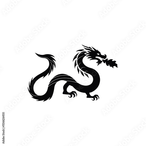Black dragon icon. Mythical dragon isolated on white background. Stylish black dragon logo. Dragon silhouette vector. Vector illustration.