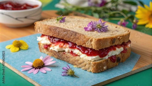 Wallpaper Mural A rustic sandwich filled with cream cheese and sweet red jam, adorned with delicate purple flowers on top, resting on a wooden cutting board with a blue background. Torontodigital.ca