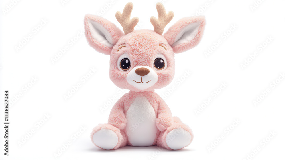 Obraz premium A photorealistic illustration of a soft, plush deer toy, featuring light pastel pink fur with white accents on its belly and legs