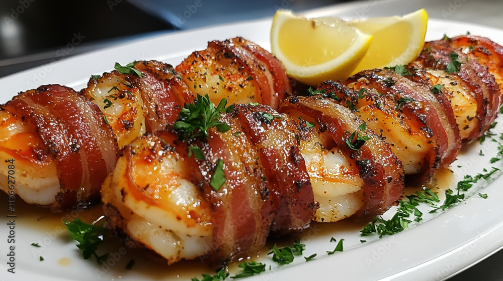 Cooking Bacon is Genius, A delicious plate of bacon-wrapped shrimp garnished with lemon and herbs, showcasing a mouthwatering seafood dish perfect for any occasion. Cooking Bacon is Genius, A delicious plate of bacon-wrapped shrimp garnished with lemon and herbs, showcasing a mouthwatering seafood dish perfect for any occasion.