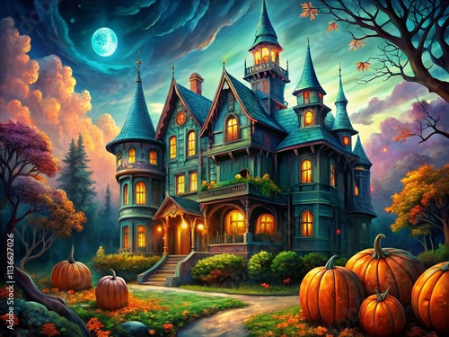 Spooky Halloween Castle Mansion Artwork: Apparel, Accessories, & Home Decor Designs photo