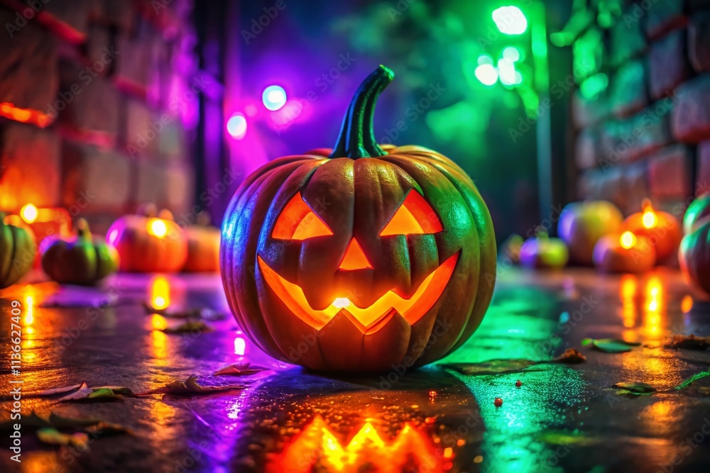 Spooky Halloween Neon Jack-o'-lantern Night Photography - Eerie Shadows & Vibrant Colors Spooky Halloween Neon Jack-o'-lantern Night Photography - Eerie Shadows & Vibrant Colors