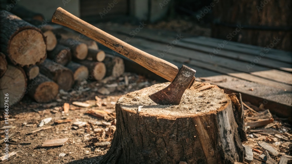 An axe is stuck in a tree stump with wood logs scattered in the background, hinting at a recent woodcutting session An axe is stuck in a tree stump with wood logs scattered in the background, hinting at a recent woodcutting session