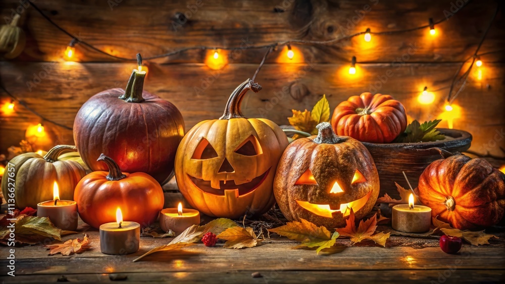 Fototapeta premium Spooky Halloween Pumpkin Ornaments: Festive Autumn Photography