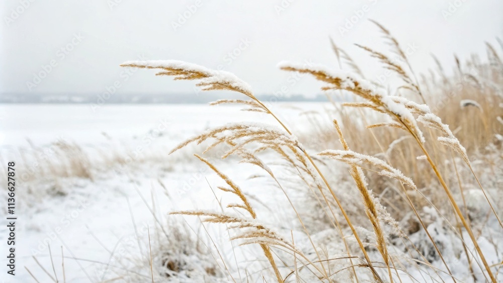 Fototapeta premium A Snowy Field of Tall Grasses Gently Swaying in the Winter Breeze