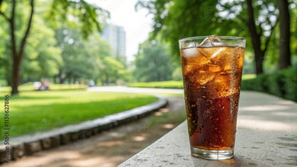 A refreshing glass of iced soda on a sunny day, with a blurred park in the background A refreshing glass of iced soda on a sunny day, with a blurred park in the background