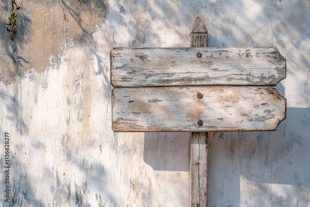 Naklejka premium Sun-bleached wooden signage with weathered texture against a rustic wall in a serene outdoor setting