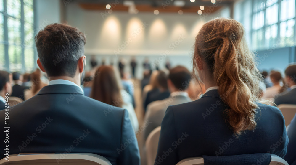 Male and female professionals seated and attentive at a presentation in a convention center during a corporate event Male and female professionals seated and attentive at a presentation in a convention center during a corporate event