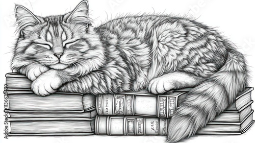 Sleeping cat on a stack of books.