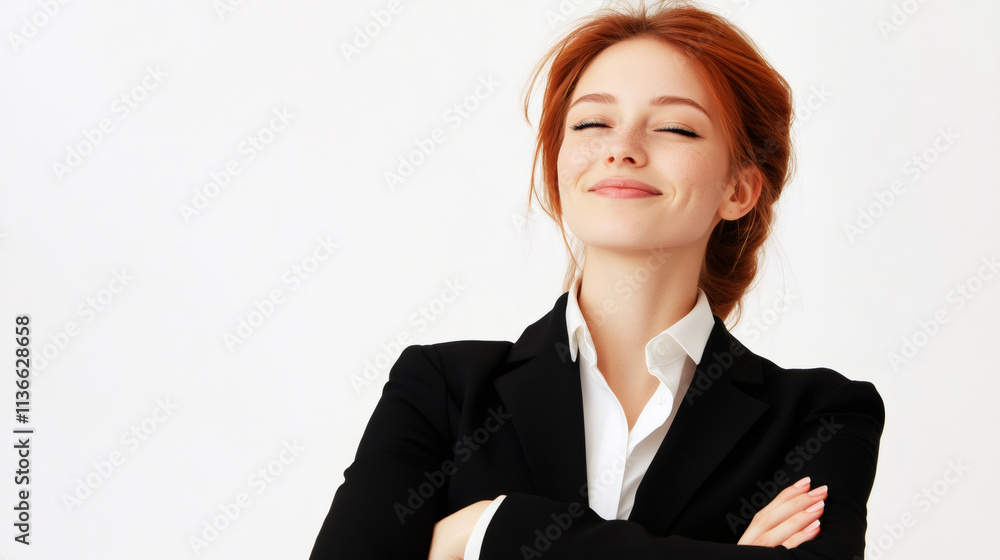 Portrait of successful businesswoman in formal suit, smiling with eyes closed, enjoying moment of pride and achievement, white background Portrait of successful businesswoman in formal suit, smiling with eyes closed, enjoying moment of pride and achievement, white background