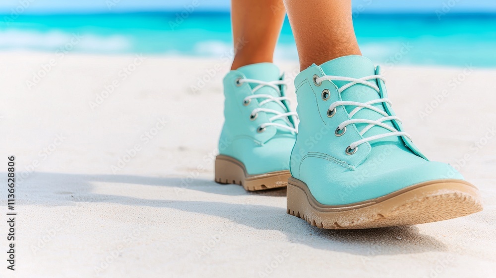 Naklejka premium Walking on White Sand Turquoise Boots by the Shore Coastal Beach Footwear Photography Summer Vibes Close-Up View