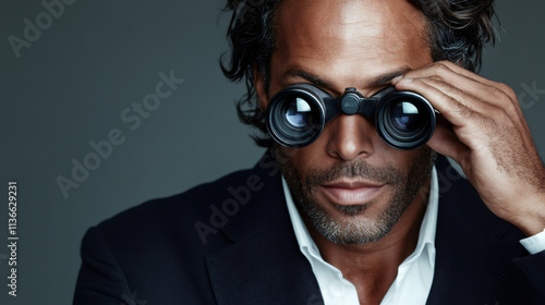 Focused businessman using binoculars for searching and observing, displaying determination photo