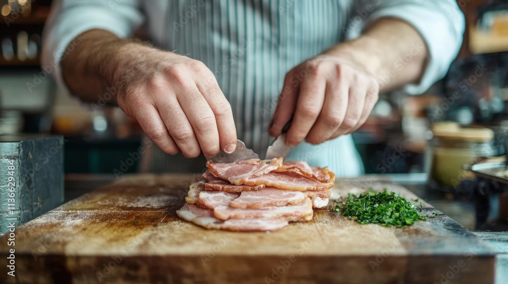Cooking Bacon is Genius, A chef slices bacon on a wooden board, surrounded by fresh herbs, showcasing culinary skills in a rustic kitchen setting. Cooking Bacon is Genius, A chef slices bacon on a wooden board, surrounded by fresh herbs, showcasing culinary skills in a rustic kitchen setting.