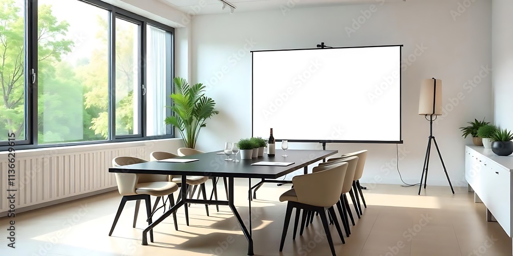 Modern Meeting Room with Projector Screen and Natural Lighting Modern Meeting Room with Projector Screen and Natural Lighting