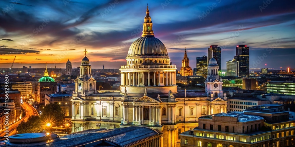 Naklejka premium St Paul's Cathedral Night Photography, London Nightscape, Illuminated Dome, Cityscape, British Landmark