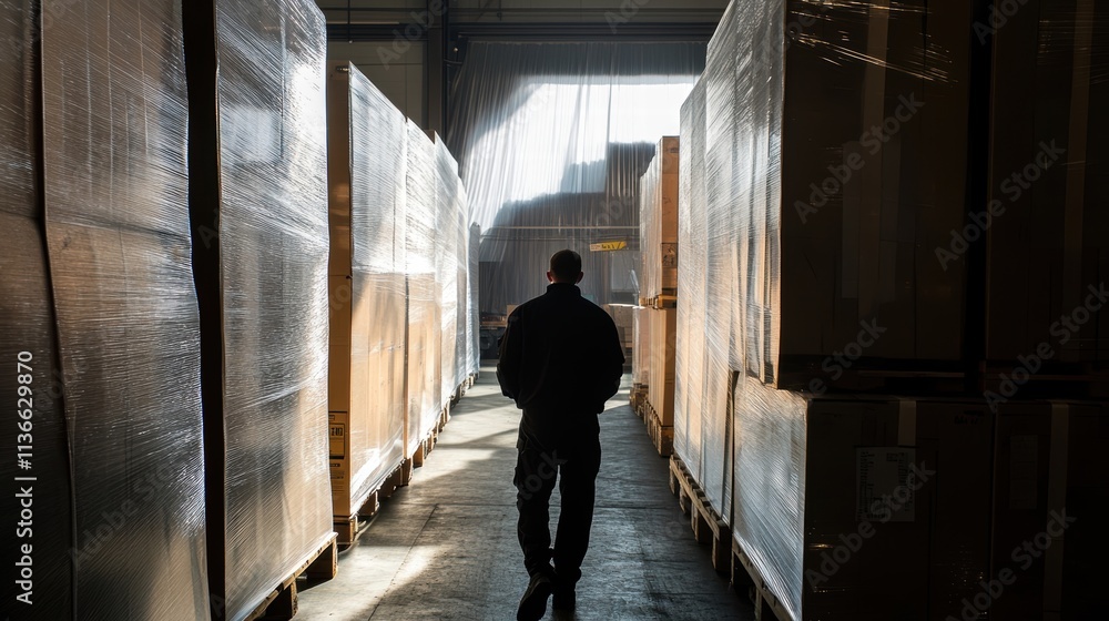 man walking through warehouse aisle with pallets of goods