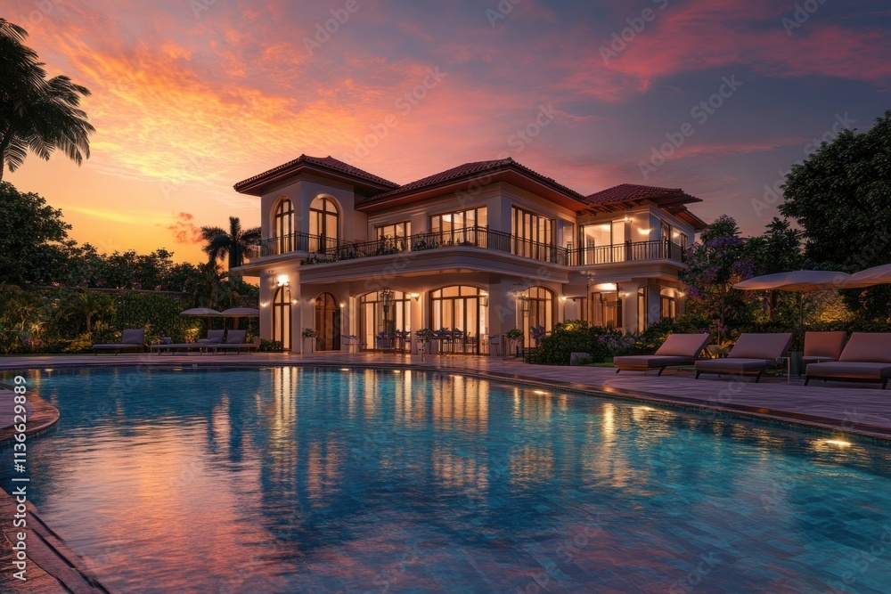 Majestic luxury estate with a shimmering pool, glowing sunset, and lush surroundings Majestic luxury estate with a shimmering pool, glowing sunset, and lush surroundings