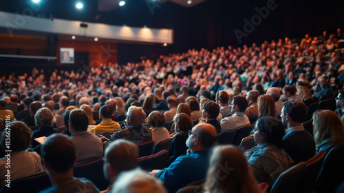 Audience of professionals engaged in a presentation in a vibrant, expansive auditorium photo