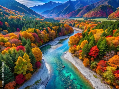 Stunning Aerial 4K View Over Autumn Forest in Kamikochi National Park, Showcasing the Serene Azusa River and Vibrant Fall Foliage in Japan’s Scenic Landscape photo