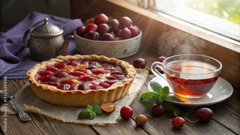 A Homemade Plum Tart Served with Tea and Fresh Mint on a Rustic Wooden Table A Homemade Plum Tart Served with Tea and Fresh Mint on a Rustic Wooden Table
