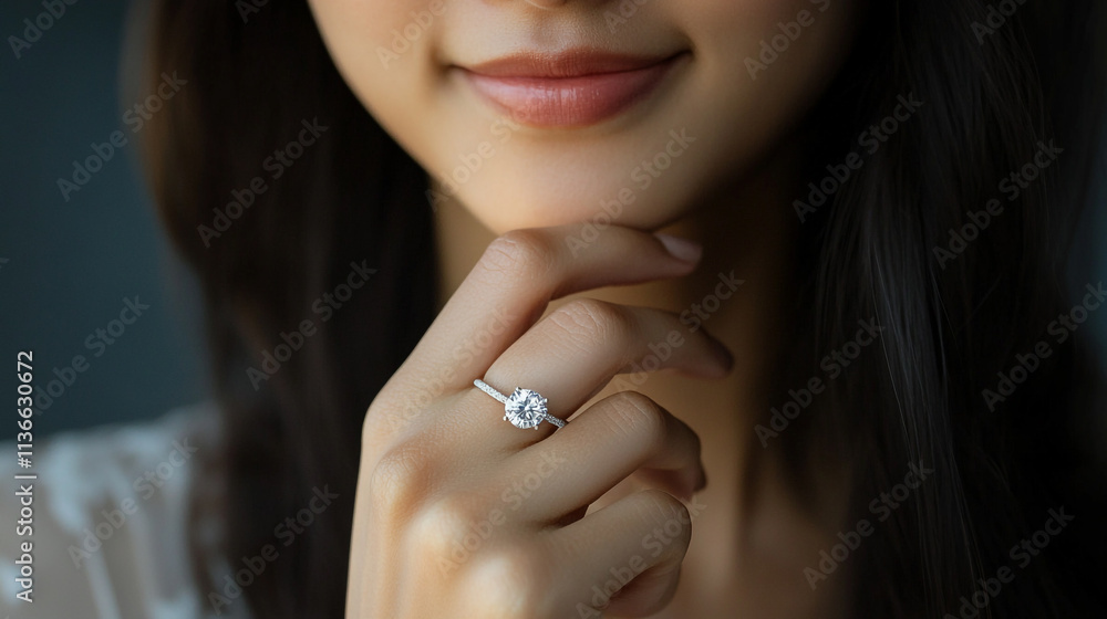 Elegant woman showcasing engagement ring in soft, natural light setting Elegant woman showcasing engagement ring in soft, natural light setting