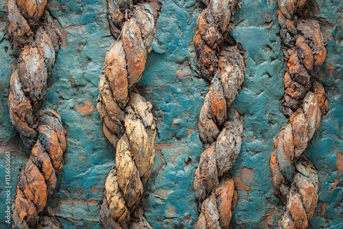 Weathered nautical rope with vibrant textures showing signs of wear and age on a coastal backdrop photo