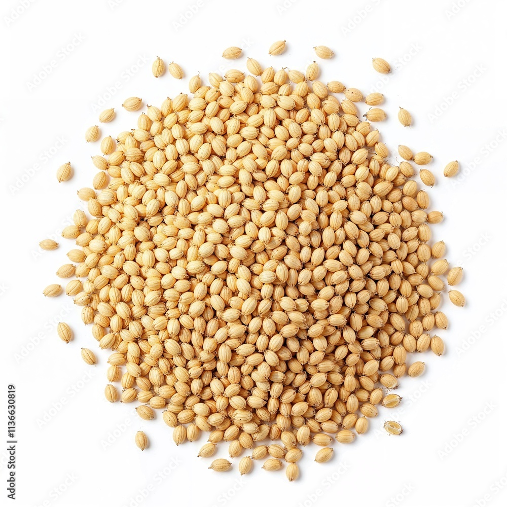 A collection of coriander seeds spread on a white surface, showcasing their natural texture and color, often used in cooking, spices, and herbal remedies. A collection of coriander seeds spread on a white surface, showcasing their natural texture and color, often used in cooking, spices, and herbal remedies.
