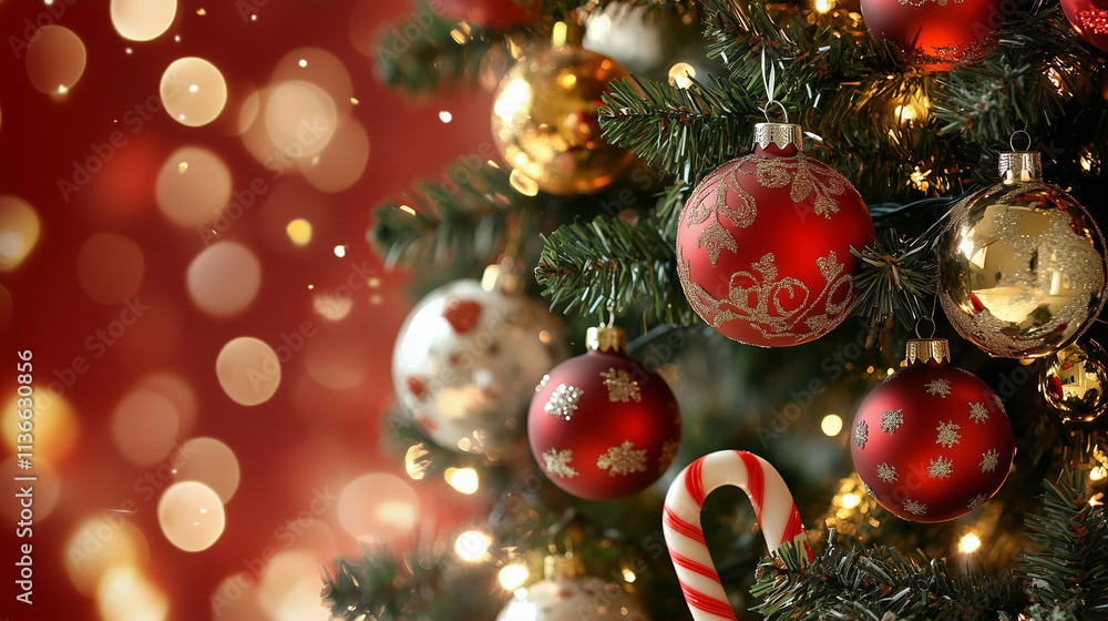 Christmas tree decorated with holiday ornaments and Christmas decorations with a festive background Christmas tree decorated with holiday ornaments and Christmas decorations with a festive background