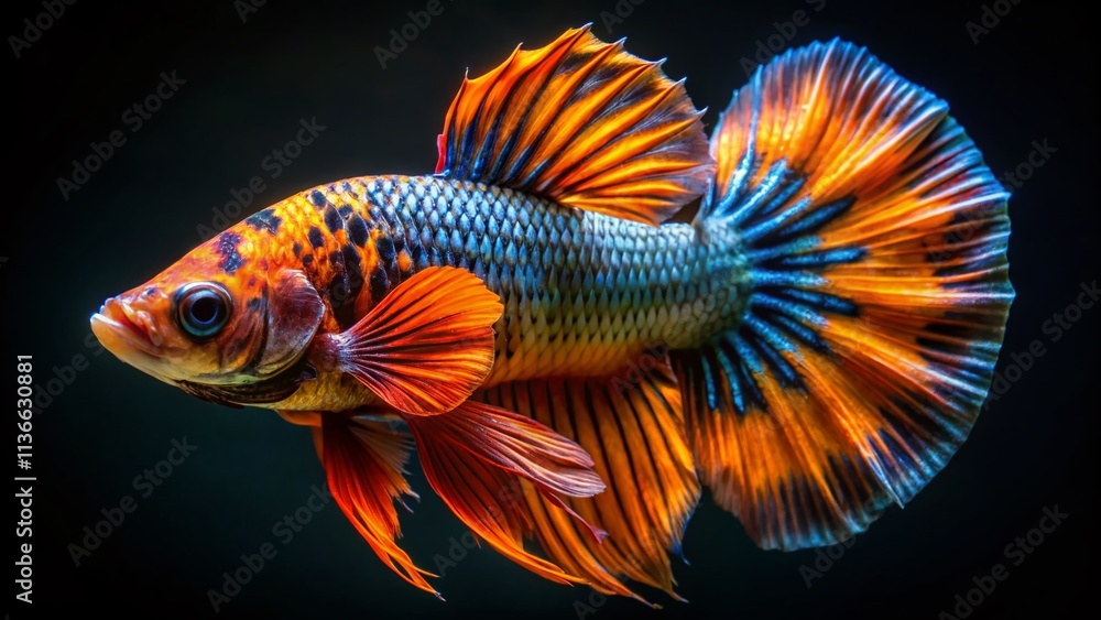Fototapeta premium Stunning Betta Splendens Tiger Fish High-Resolution Image, Vibrant Colors, Detailed Scales, Shallow Depth of Field, Macro Photography